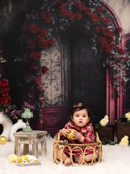 A dramatic and beautiful portrait. The deep red roses and dark, moody backdrop create a stunning, artistic contrast with this baby's sweet expression and plaid dress.