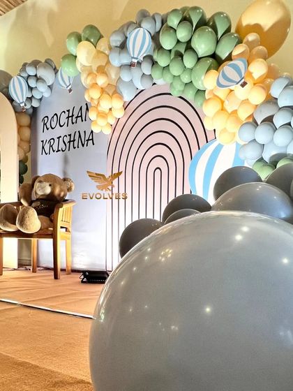 A view of the balloon arch and backdrop for the teddy bear theme, showcasing the pastel color palette and modern arch designs.
