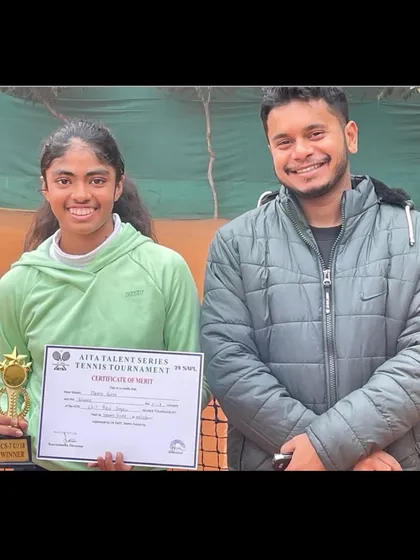 A series of photos celebrating Manvi Gupta's hat-trick of U16 and U18 titles, showcasing her consistent dominance at All India level tournaments.