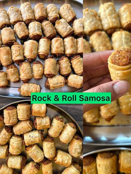 A collage showing the crispy texture and delicious filling of my Rock & Roll Samosas.