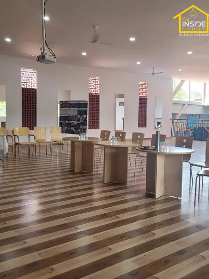 We also bring our design and execution expertise to commercial projects. This is the student lounge from our award-winning renovation at Maharani Lakshmi Ammanni College, delivered on time and designed for a vibrant campus life.