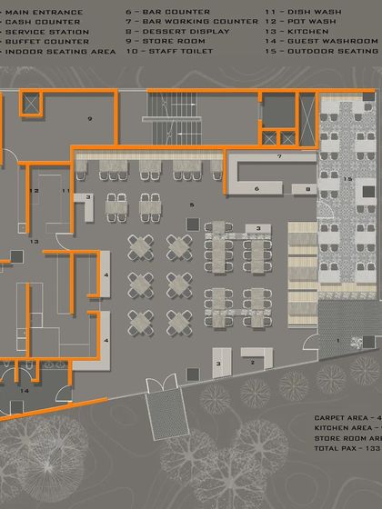The detailed floor plan for the 4,245 sq. ft. Pasta Street restaurant. This technical drawing illustrates our approach to spatial planning, showing the layout of the 133-seat dining area, kitchen, bar, and service stations for optimal flow and guest experience.