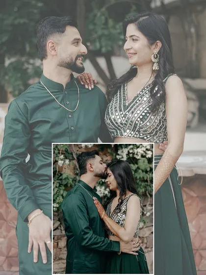 A collage featuring a lovely portrait of the couple and an inset photo of an intimate forehead kiss. It highlights both their public smiles and their private, tender moments.