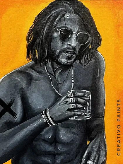 As a huge SRK fan, I had to paint this iconic look. This is a monochrome acrylic portrait on a bold orange background, capturing the cool intensity of King Khan. It's a perfect example of the custom fan art I love to create.