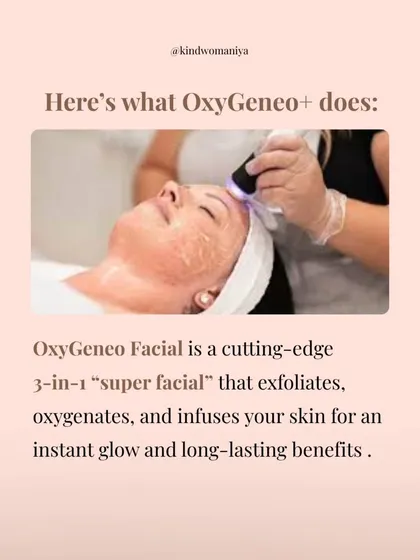 The OxyGeneo Facial is a cutting-edge 3-in-1 "super facial" that exfoliates, oxygenates, and infuses your skin for an instant glow and long-lasting benefits. It's a gentle yet powerful way to tackle pigmentation and dullness.