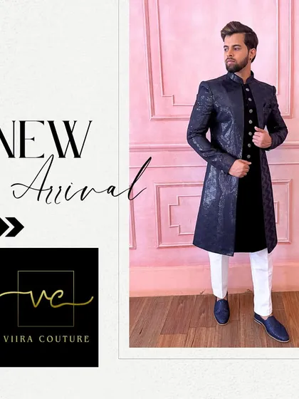 A "New Arrival" feature for our navy blue sherwani. We are constantly adding new designs and fabrics to our custom tailoring collection.