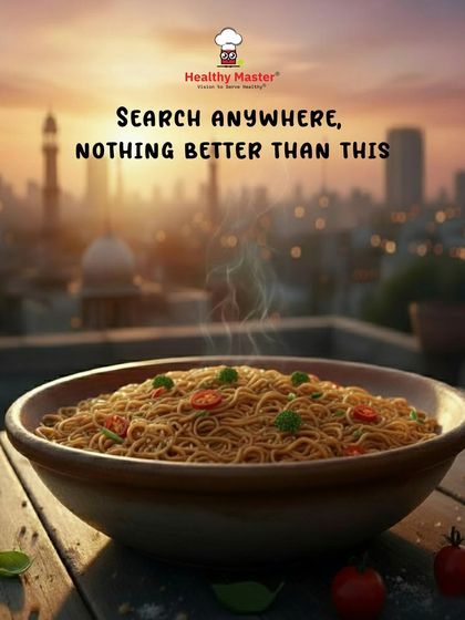 A steaming bowl of our healthy noodles against a city backdrop. When you're looking for something truly satisfying and good for you, the search is over.