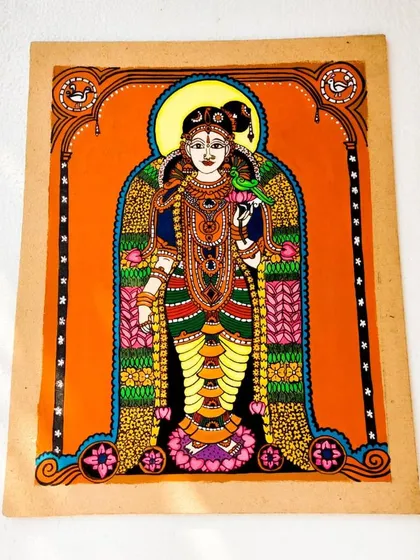 A painting of the goddess Andal, a symbol of divine love and devotion. I used a traditional color palette on this 13x12 inch piece to create a beautiful and affordable decoration that feels timeless.