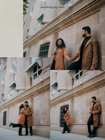 This collage showcases various poses against a grand, stone building in Mumbai, capturing both playful and romantic moments during an urban pre-wedding shoot.