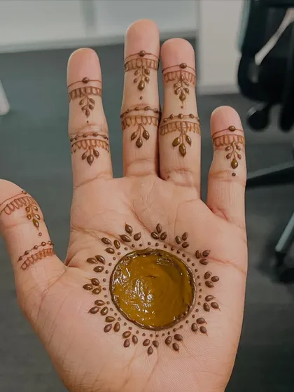 Even the simplest mandala can make a statement. Here, I've left the center filled with henna paste, surrounded by a sun-like border of leaves for a modern, bold look.