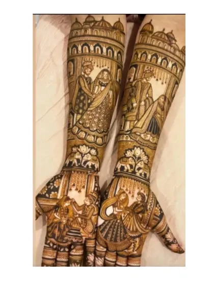 A full view of a grand wedding story mehandi. This design includes multiple couple poses, from the varmala to dancing, along with elephants and palace details.