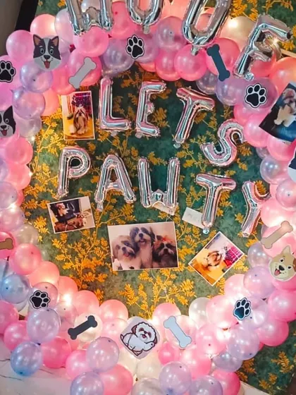 Don't forget your furry friends. I also do pet parties, like this 'Lets Pawty' setup featuring a balloon ring decorated with dog-themed cut-outs, paw prints, and photos of the beloved pets.