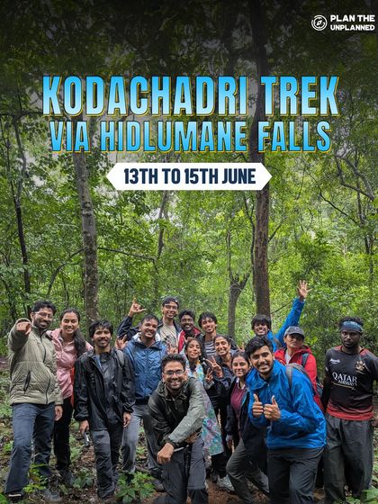 The whole crew, energized and happy, in the middle of the lush green forest on the Kodachadri trek.