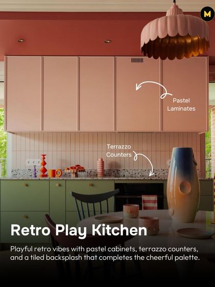 For a playful, retro vibe, this kitchen uses pastel laminates, terrazzo counters, and a simple tiled backsplash. The cheerful color palette creates a fun and inviting atmosphere.