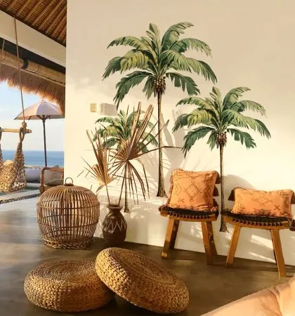 Our Island Palm Tree stickers bring a relaxed, tropical feel to this beautiful coastal-themed room. They are easy to apply and perfect for creating a feature wall that feels like a permanent vacation.
