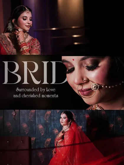 A collage of bridal portraits, emphasizing her serene expressions and the intricate details of her wedding look.