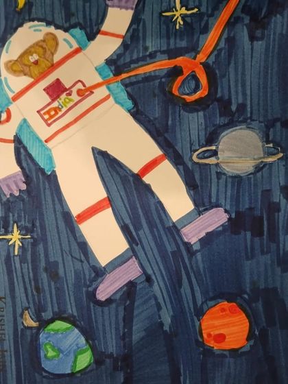 An astronaut bear floating in space. This imaginative drawing combines animal art with a space theme, resulting in a fun and creative composition.