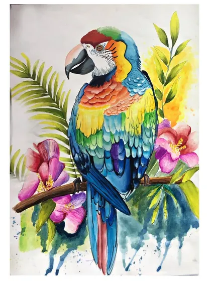 A detailed view of the macaw watercolour painting, highlighting the fine brushwork and layering of colours used to create a lifelike effect.
