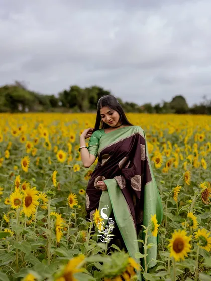 There is a simple joy in being surrounded by nature. This shot, taken in a field of sunflowers, showcases a beautiful brown and light green saree, capturing a feeling of happiness and connection to the earth.