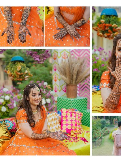 A collage showcasing the bride's Mehendi design and her joyful moments during the ceremony.
