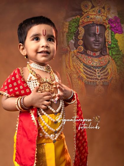 Celebrating the divine presence of Ayodhya's Baalarama. This studio portrait combines traditional attire with artistic editing to create a powerful image honoring Sri Rama.