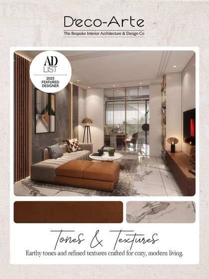 A space that speaks in soft tones and sophisticated textures. This living room, with its earthy tones and refined materials like leather and marble, is designed for cozy, modern living where style meets serenity.