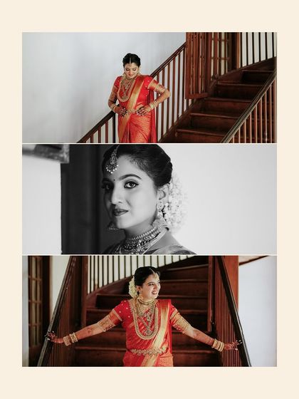 A collage of the bride's portraits on the staircase, blending color and monochrome for an artistic effect.