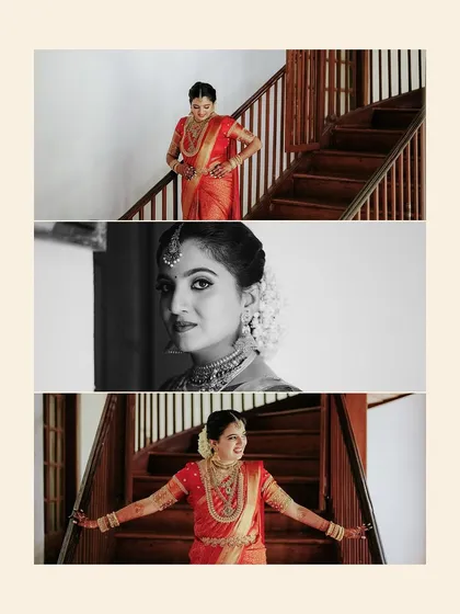A collage of the bride's portraits on the staircase, blending color and monochrome for an artistic effect.