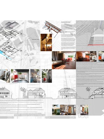 A presentation board showing the comprehensive design strategy for the VOC 1740 Stuber Hall project. It includes floor plans, sections, and 3D views, illustrating our process of weaving new programs into the historic fabric.