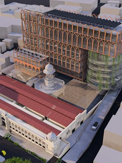An aerial rendering of our pro-bono proposal for the conservation and expansion of Russell Market, a 1927 landmark in Bangalore. The design imagines a new structure growing from the old, preserving history while adding new public functions.