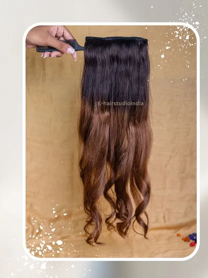 This is our 7-set of highlighted clip-in extensions. The beautiful ombre effect and soft waves make it a perfect choice for adding color, volume, and style to your hair.
