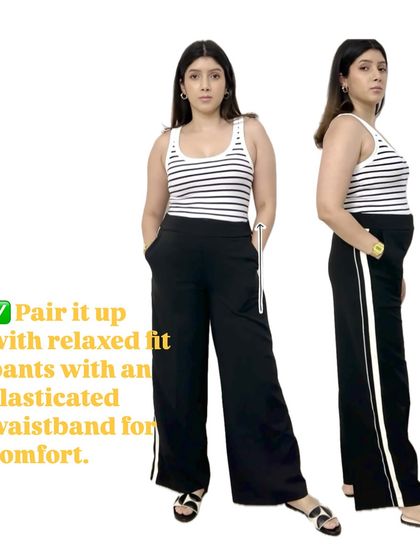 This image shows a complete look for postpartum styling. The striped tank is paired with relaxed-fit pants with an elasticated waistband for a comfortable, stylish, and flattering outfit.