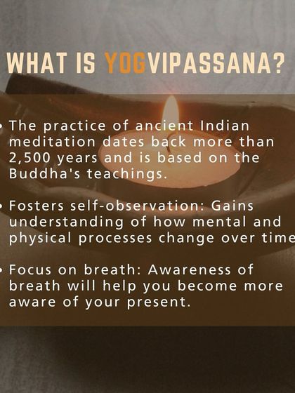 What is YogVipassana? This graphic explains the ancient practice, rooted in the Buddha's teachings, which focuses on self-observation and breath awareness to understand your mind.