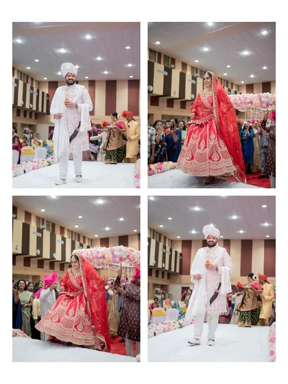 A collage capturing the grand entrance of the bride and groom at their reception hall.