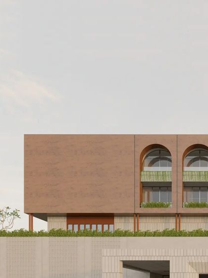 A detailed view of the facade for an upcoming project. This render shows the interplay of arched windows, textured surfaces, and integrated planters, creating a rich and layered building exterior.