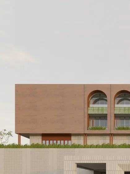 A detail shot of the facade concept, focusing on the rhythm of the arched windows and the integration of greenery within the openings.