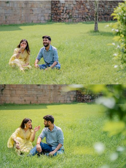 A collage of a couple sharing laughs and conversation while sitting on the grass, capturing their fun and candid side.