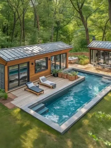 An aspirational design of a container house with a backyard pool. This shows the high-end possibilities of modular construction, creating a luxurious and modern living space.