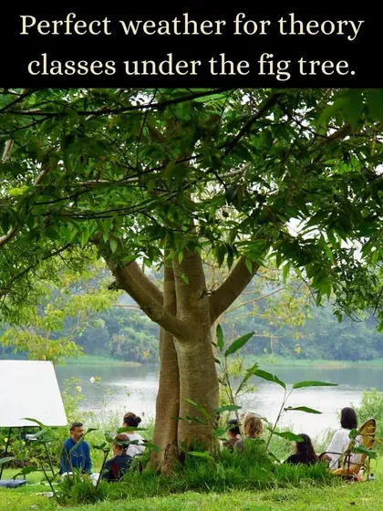 Our classroom is often the great outdoors. Students in our 200-hour Yoga Teacher Training take a theory class under the shade of a large fig tree, with the river providing a peaceful backdrop for deep learning and discussion.