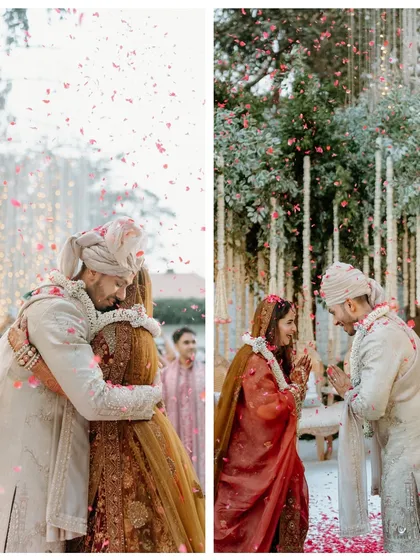 A collage of key ceremony moments, from the emotional hug after the jaimala to the couple's greeting. It tells a story of love, tradition, and shared joy.