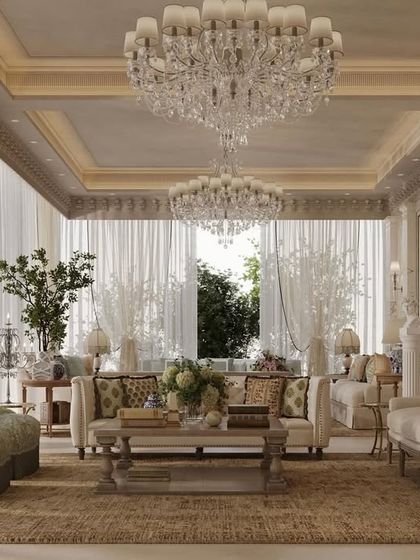 From another angle, this living space reveals its thoughtful composition. The arrangement of sofas and armchairs encourages conversation, while the soft, diffused light from the sheer curtains creates a serene and ethereal quality.