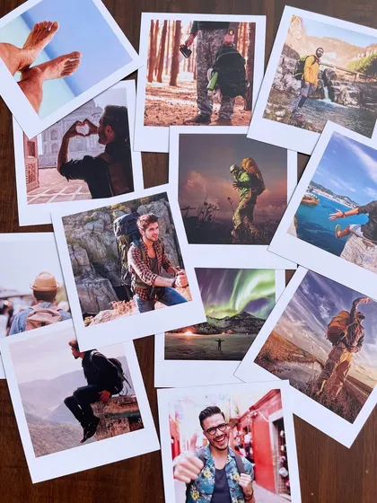 A scattered collection of travel-themed polaroids. Turn your adventure photos, from mountain hikes to city explorations, into tangible memories you can display.