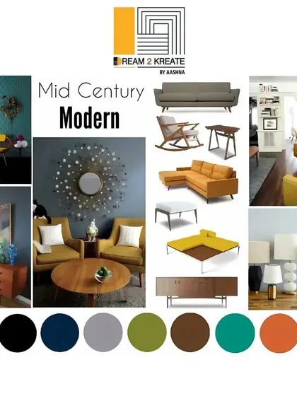 This Mid-Century Modern mood board features clean lines, organic shapes, and a retro-inspired color palette of mustard yellow, teal, and warm woods.