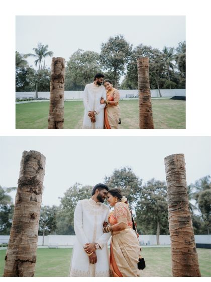 A dreamy outdoor portrait session with a soft, romantic feel. The natural greenery and the couple's traditional South Indian attire create a timeless and serene wedding photograph.