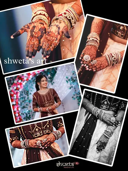 A collage dedicated to a dear friend who was also my client. It shows her beautiful mehendi and the stunning dark stain, a testament to our friendship and my craft.