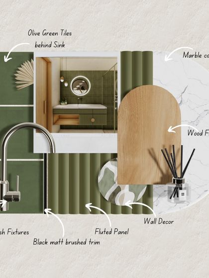 A mood board illustrating an olive green bathroom concept. We specify materials like silver fixtures, fluted panels, and wood finishes, giving a clear picture of the intended design.