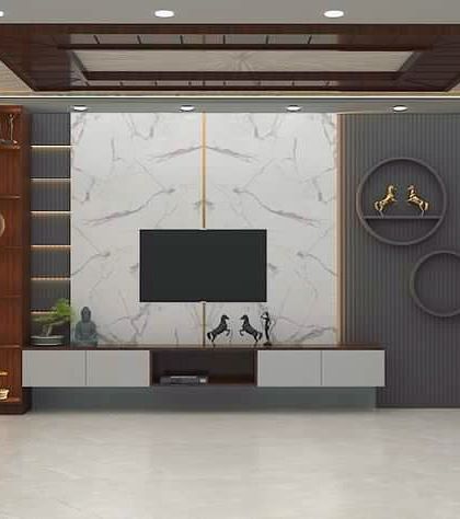 A TV unit design for a 4BHK duplex house in Hebbal. The concept includes a marble-finish back panel, wood rafters, and a sleek, floating console for a modern and clean look.