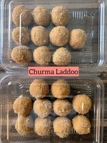 Boxes of my homemade Churma Laddoos, a traditional sweet that is perfect for any celebration or just as a wholesome treat.