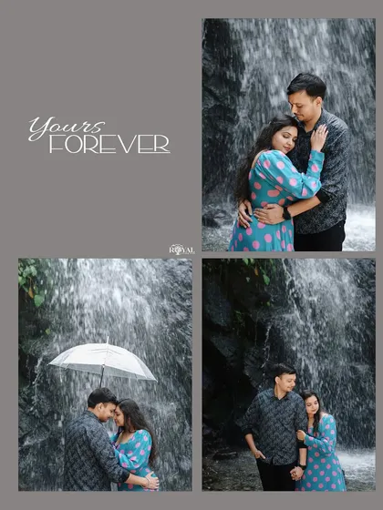 A four-panel collage capturing a couple's romantic moments by a waterfall, including a sweet shot under an umbrella.