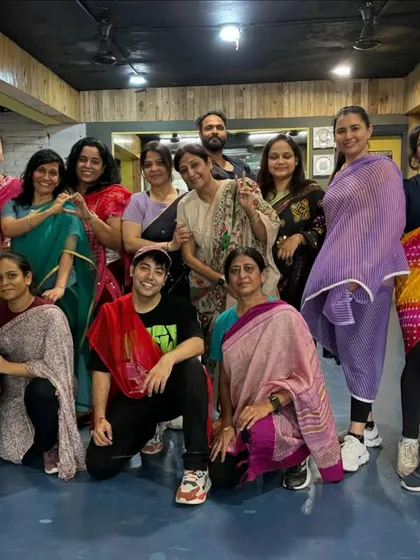 Another shot of my amazing dance crew. We dressed up in sarees for our 'Angaaro' theme class to get the full filmy feel. It’s all about having fun together.